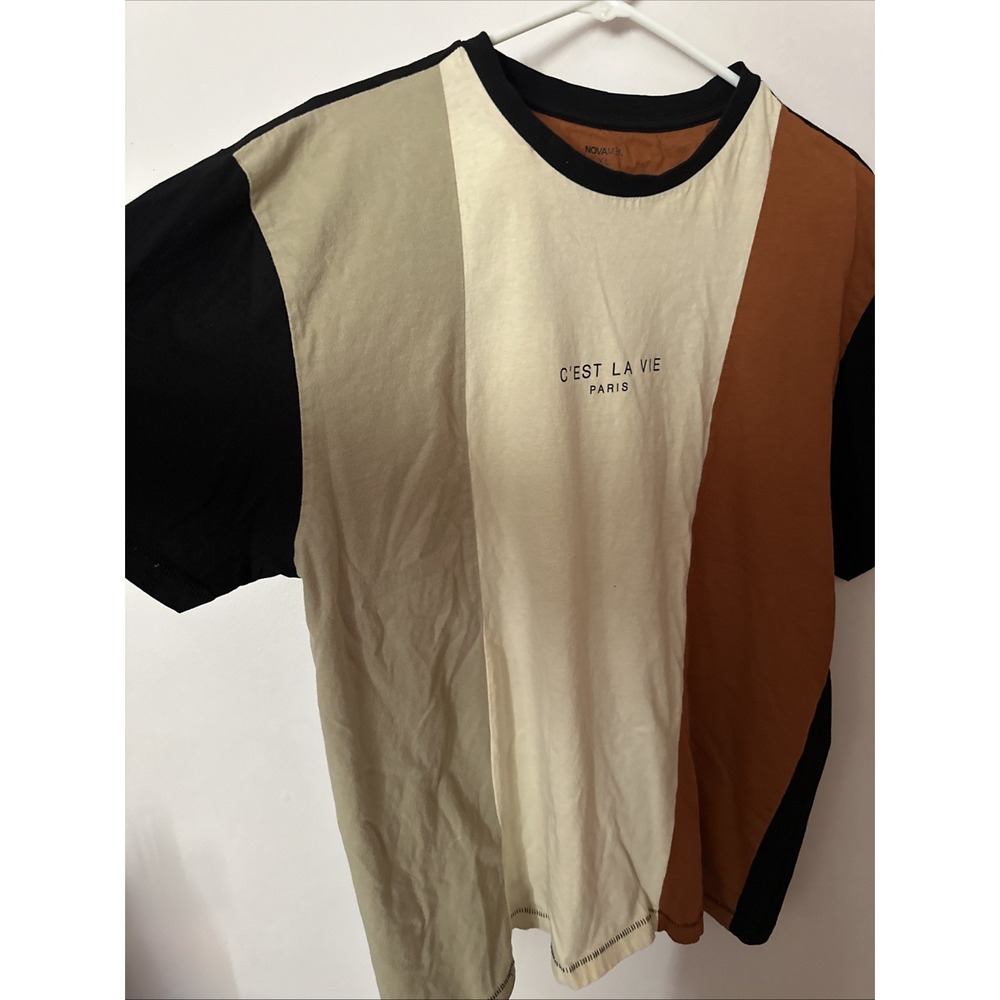 Men's XL Colorblock T-Shirt Tan Beige Black Crew Neck Fashion Nova Casual Tee - Picture 4 of 9